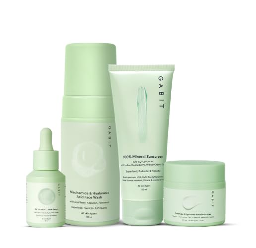 Gabit Skincare Gamechangers Kit | With Niacinamide & Hyaluronic Face Wash, 8% Vitamin C & Arbutin Serum, Ceramide & Hyaluronic Moisturizer, 100% Mineral Sunscreen | Men & Women, All Skin Types, 230ml